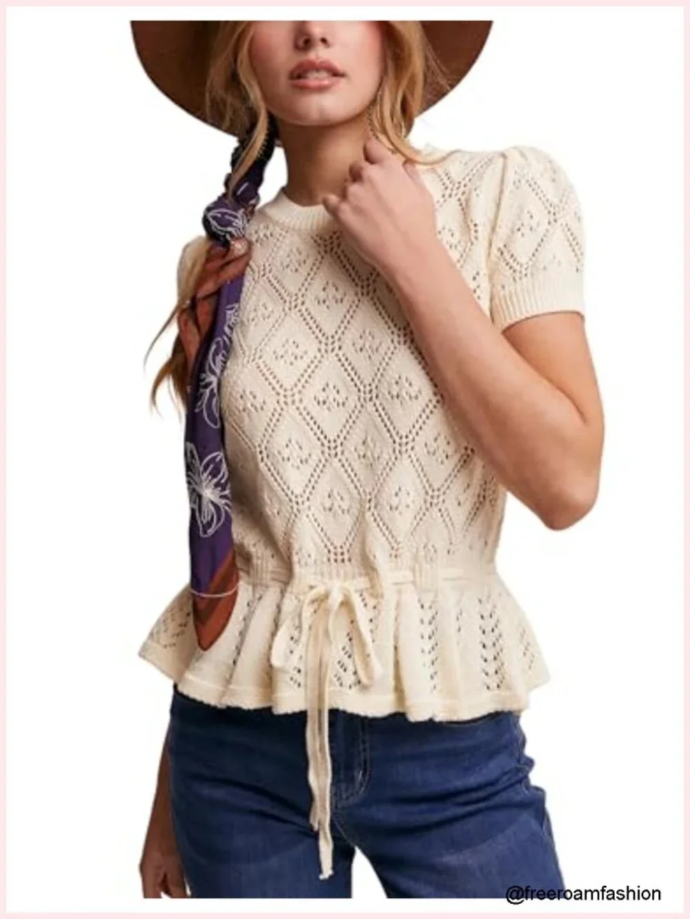 Lightweight Crochet Knit Pullover Sweater Peplum Top